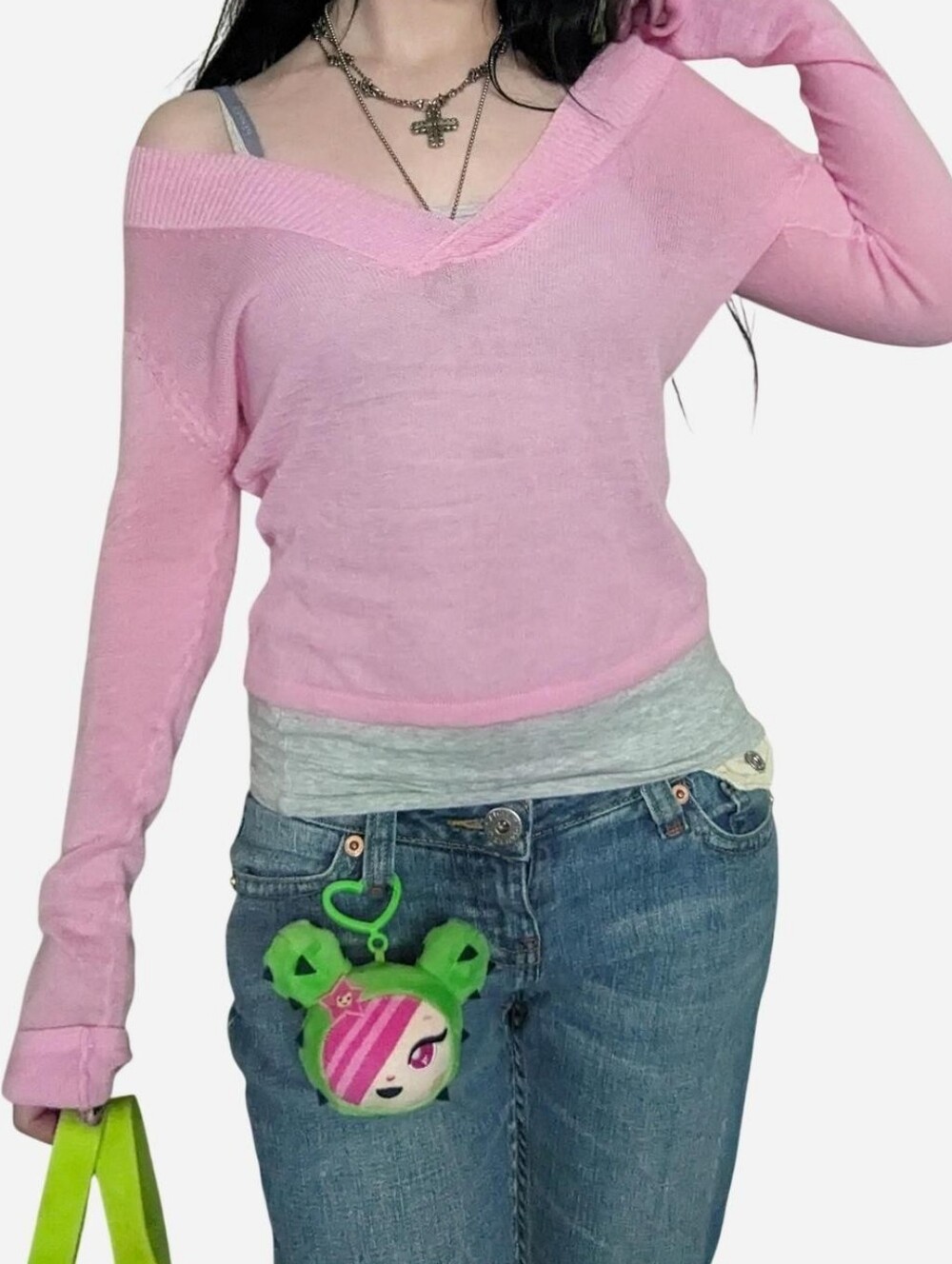 early 2000s baby pink "strawberry cream" sheer long sleeve V neck sweater 🍥🩷